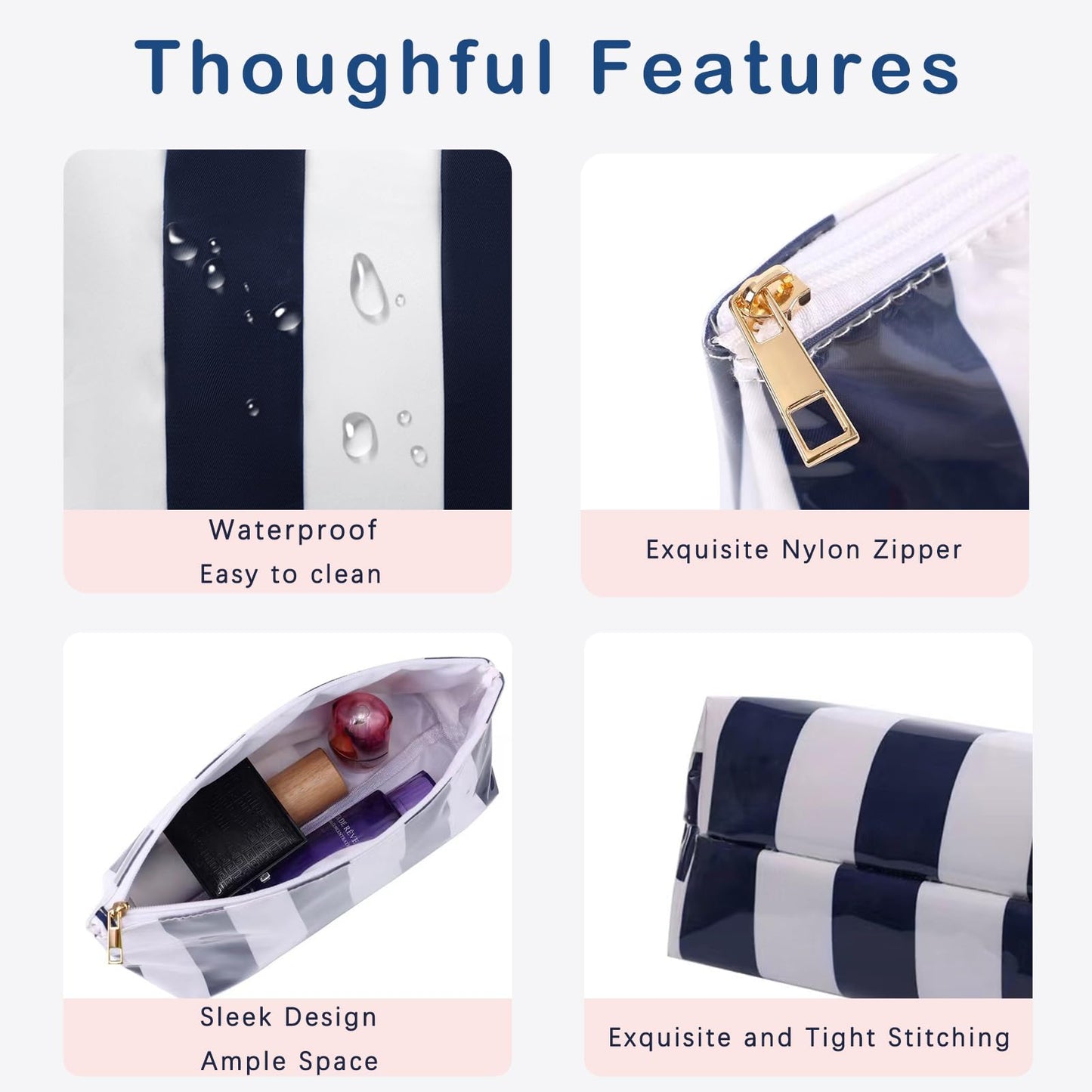RSRSLEII Large Waterproof Travel Stripe Makeup Bag,Aesthetic PVC Toiletry Bag,Coquette Cosmetic Bag Organizer,Cute Preppy Carry-on Travel Accessories Essentials for Women Girls(Dark Blue)