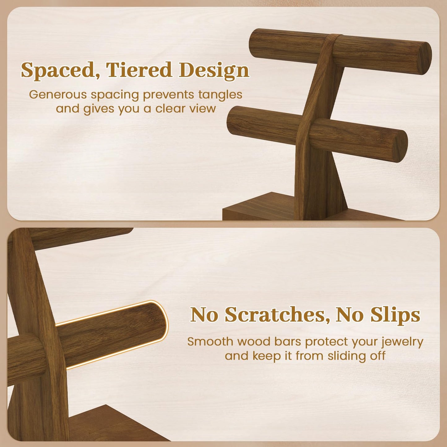 MODOWEY Bracelet Holder Organizer Display Stand, 2 Tier Wooden T Bar Bangle Rack for Dresser, Small Jewelry Hanger with Rod for Vendor Selling, Desktop Vertical Jewellery Tree for Home Business, Brown