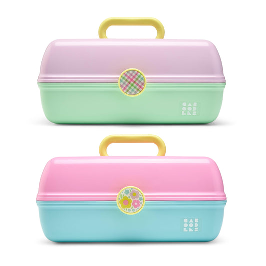 Caboodles On-The-Go Girl Makeup Storage Box 2-Pack, Two-Tone Pink/Light Blue and Lavender/Light Green, Hard Plastic Makeup Organizer Box, Built-In Mirror, Secure Latch for Safe Travel