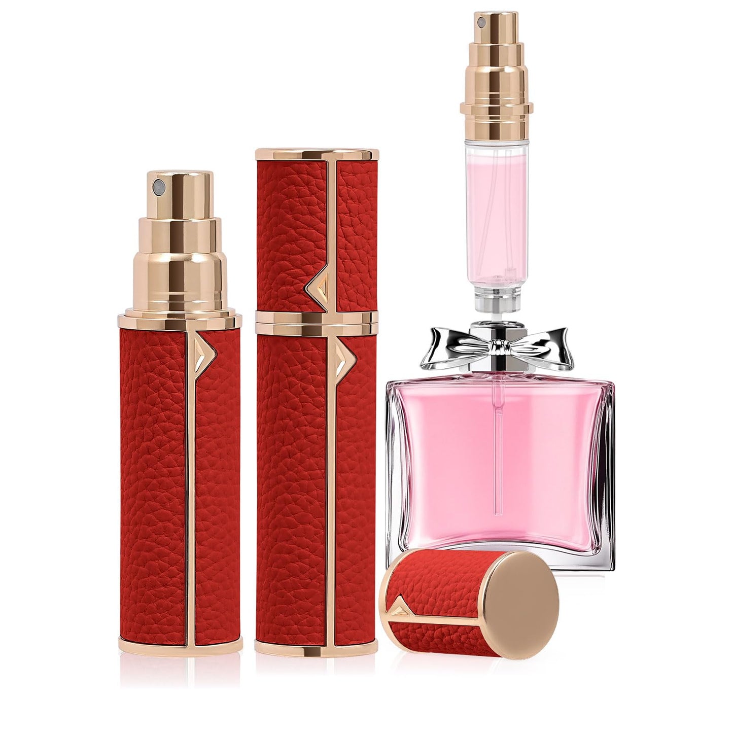 Coxotom Refillable Travel Perfume Bottle – Fine Mist Atomizer, Bottom Fill, Genuine Leather Shell, TSA Approved, For Daily Refresh & Travel (Red, 5ml)