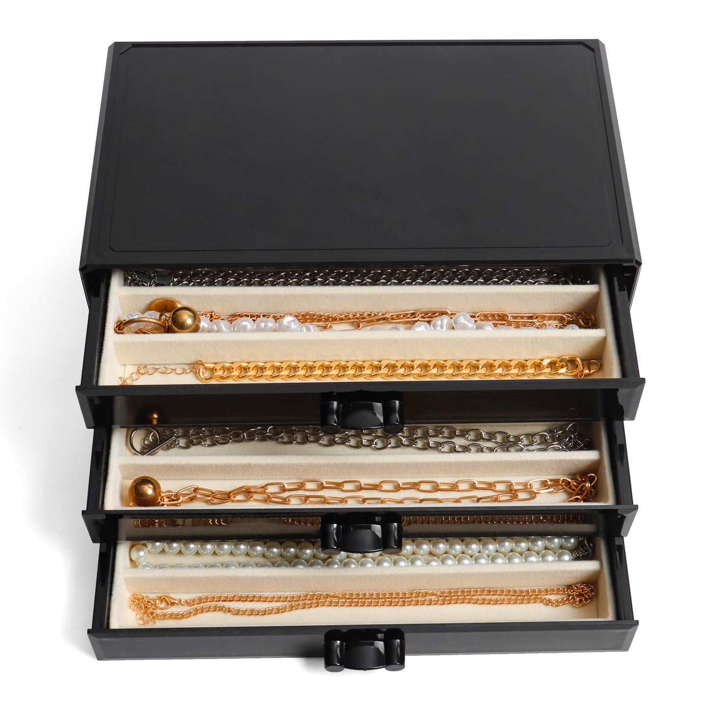 YUFONG Necklace Holder Organizer, Dustproof Necklace Box Velvet Necklace Organizer Box with Lid Clear Acrylic Dustproof Stackable Jewelry Displays for Necklaces Chain Display (Black Beige, 3 Drawer)