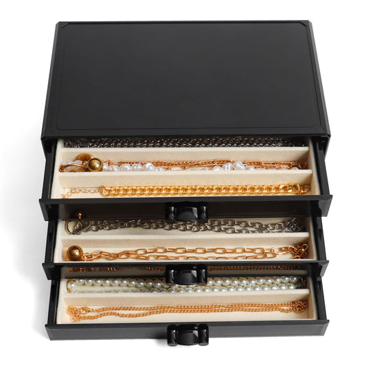 YUFONG Necklace Holder Organizer, Dustproof Necklace Box Velvet Necklace Organizer Box with Lid Clear Acrylic Dustproof Stackable Jewelry Displays for Necklaces Chain Display (Black Beige, 3 Drawer)