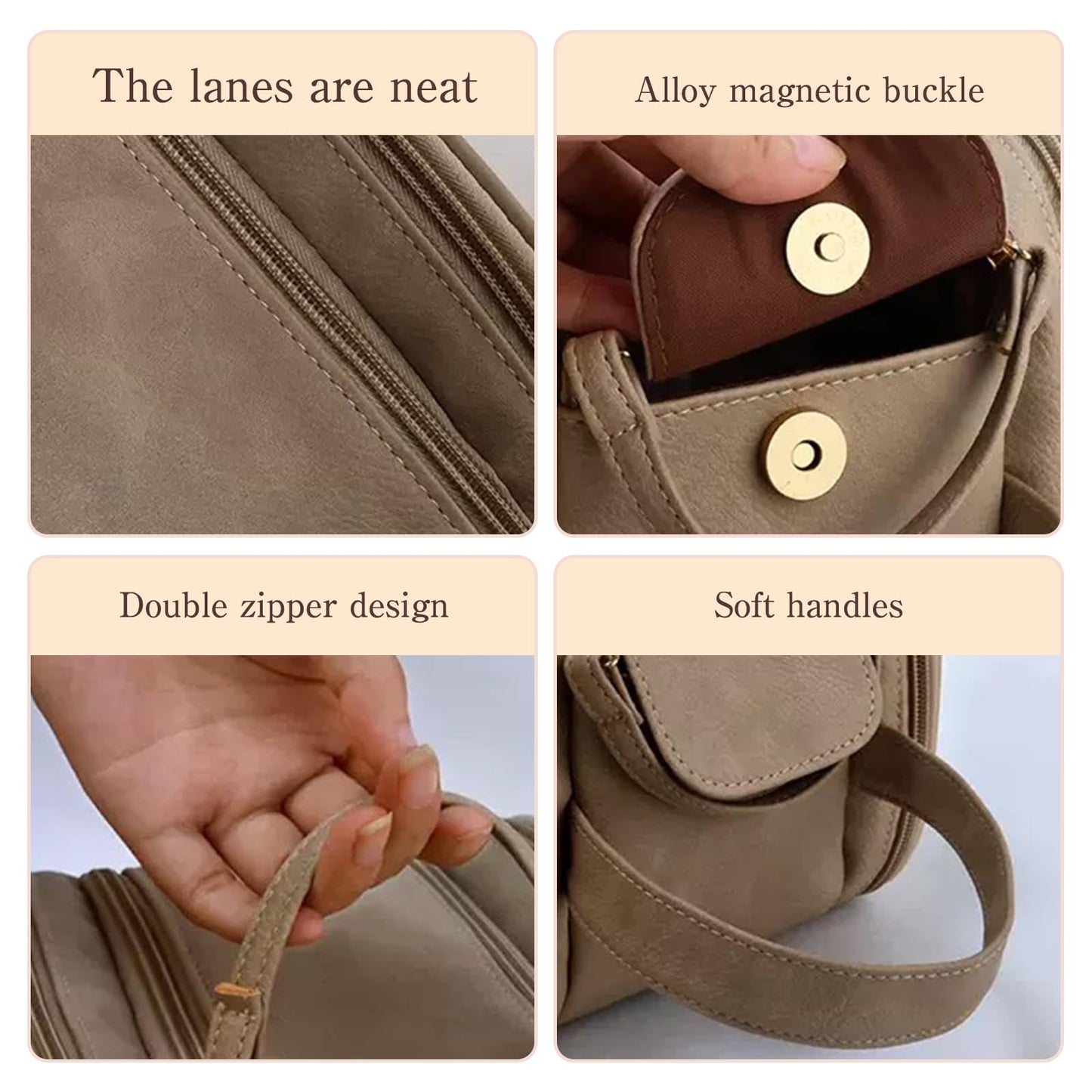 Cozomga 3 - Layer Large - Capacity Makeup Cosmetic Toiletry Bag with Double Zippers & Wide Opening, Portable Travel Organizer for Cosmetics & Toiletries-Light Brown