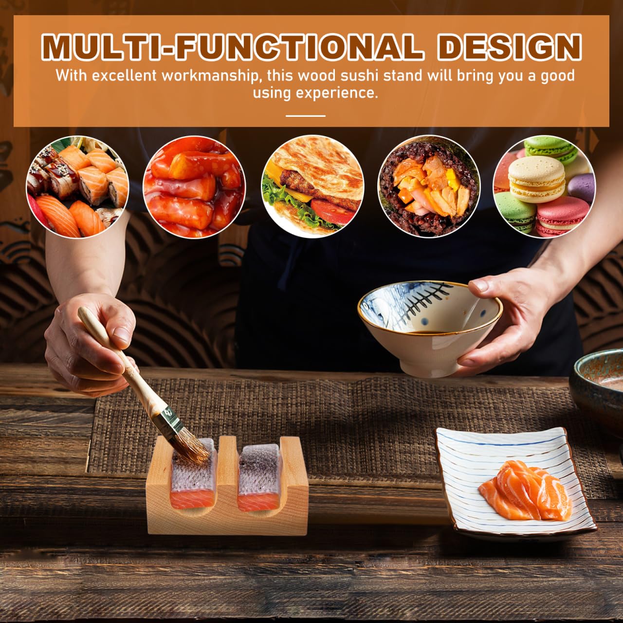 Cabilock Wooden Sushi Taco Holder, 2-Slot U-Shaped Hand Roll Stand, Japanese Temaki Display Rack for Home Kitchen & Restaurant, Authentic Sushi Roll Serving Tray & Sashimi Presentation Plate
