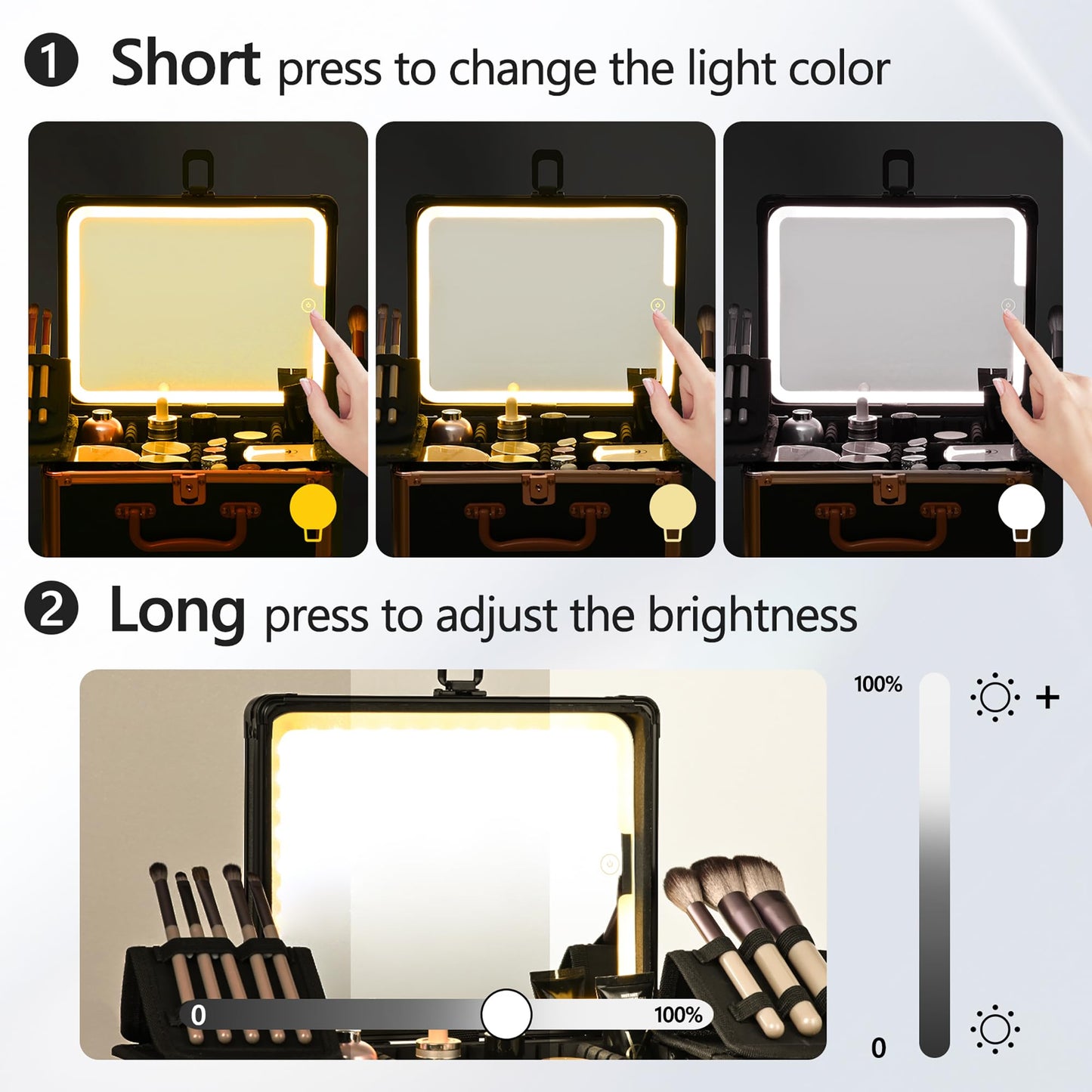 GALHUBIS Makeup Case with Lighted Mirror, Makeup Box Organizer with Detachable LED Mirror, Travel Makeup Train Case, Waterproof Cosmetic Organizer, Standing Makeup Brush Holder, Gift, Black Gold