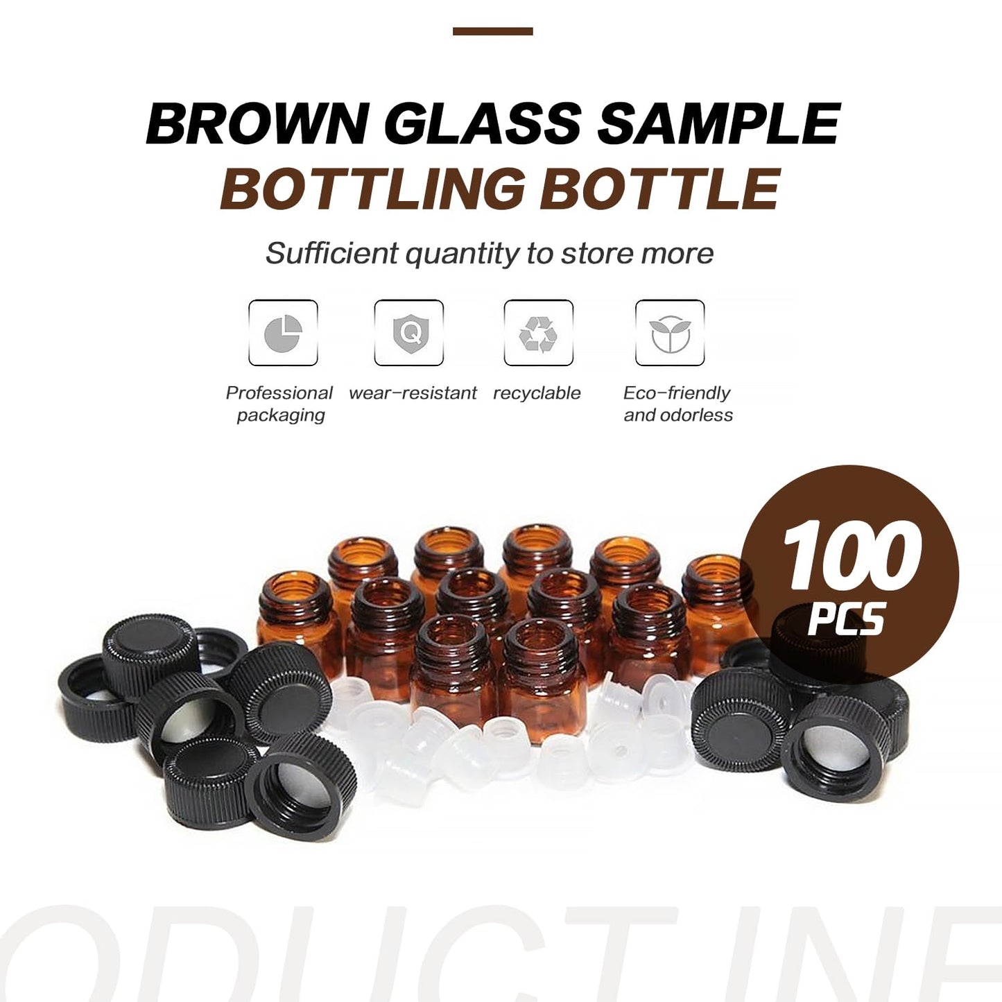 TOPWEL 100 Pack 1ml Amber Glass Mini Essential Oil Bottles Sample Vials with Orifice Reducer & Black Screw Cap, 1/4 Dram Empty Travel Bottle for Aromatherapy Perfume Anointing Oil