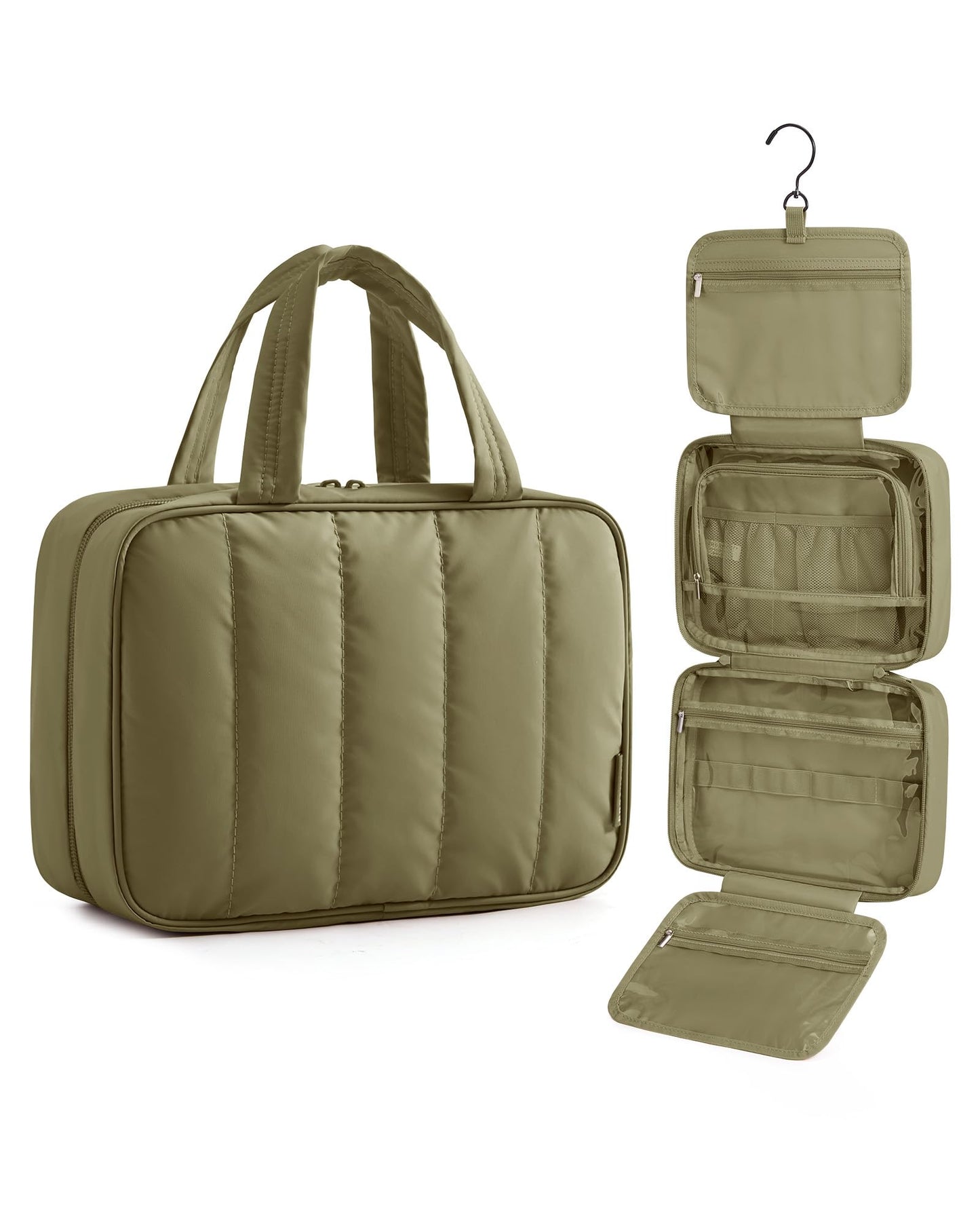 BAGSMART Travel Toiletry Bag for women, Portable Hanging Hook Makeup Bag Organizer, Waterproof Makeup Cosmetic Bag, for Full-Size Accessories, Toiletries,Olive green