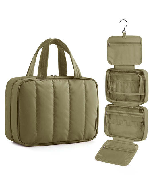BAGSMART Travel Toiletry Bag for women, Portable Hanging Hook Makeup Bag Organizer, Waterproof Makeup Cosmetic Bag, for Full-Size Accessories, Toiletries,Olive green