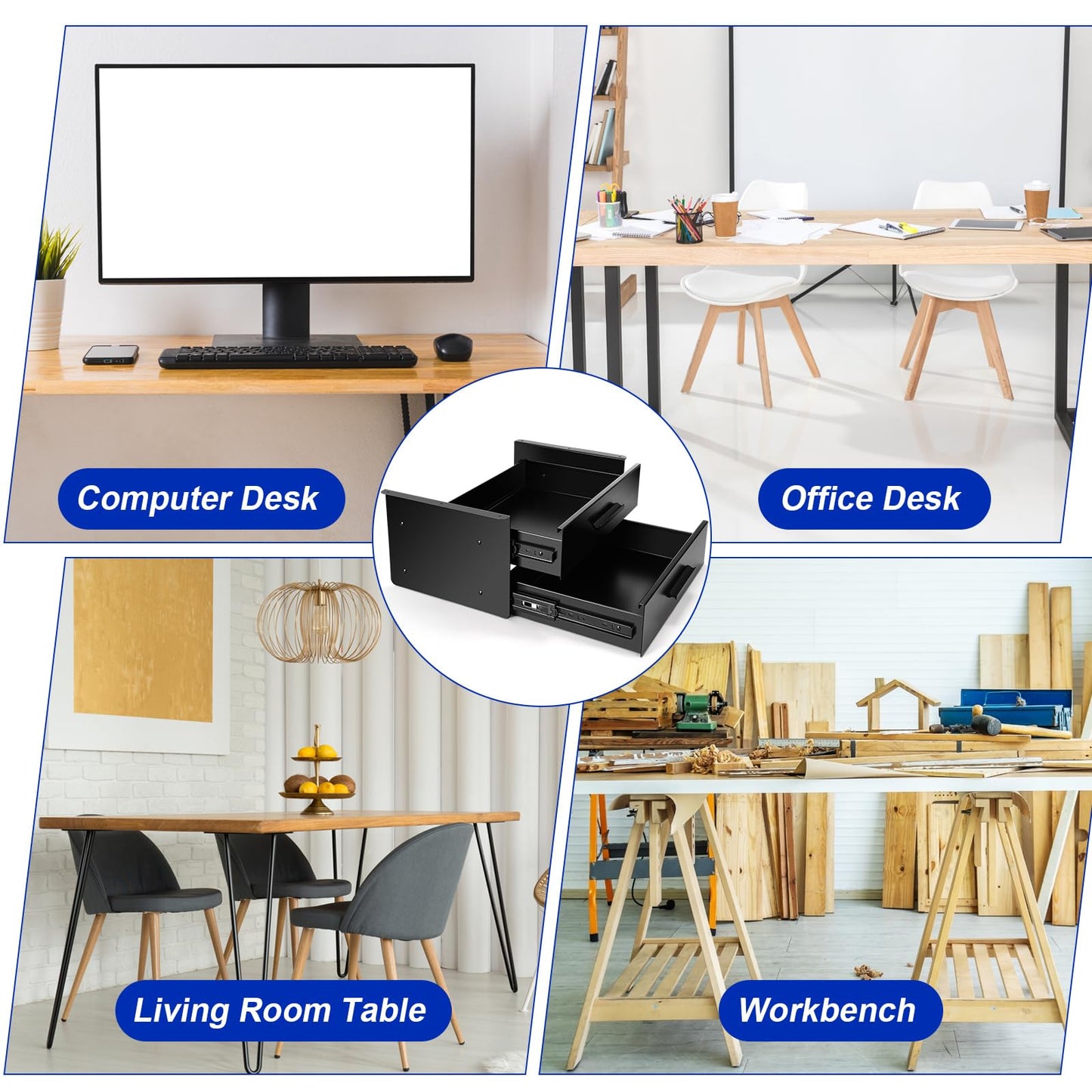 Menkxi 16'' Under Desk Drawer Slide-out Steel Under Counter Drawers Storage Organizer Large Hidden Pull-out Tray for Table Desks Home Office Workstation(Black,2 Layer)