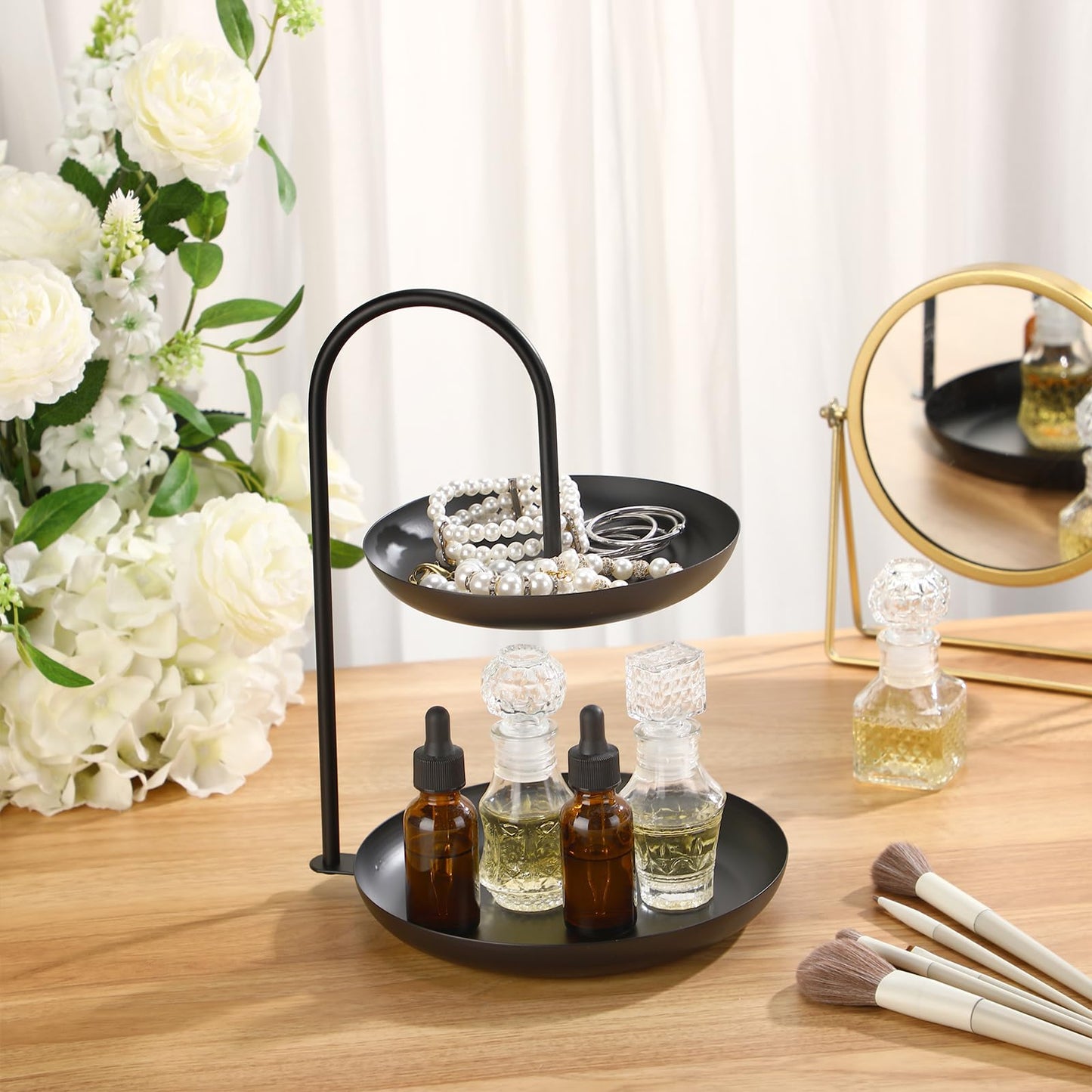 Maxcheck 2 Pcs Necklace Display Stand 2 Tier Jewelry Holder Tabletop Jewelry Organizer Tower with Round Storage Tray Organizer Tower for Bracelets Necklaces Earrings Makeups(Black)