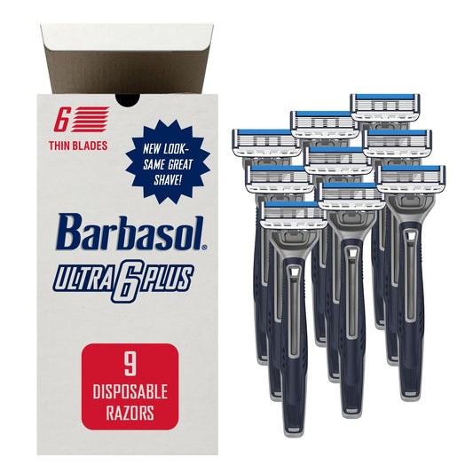 Barbasol Ultra 6 Plus Value Pack | Premium 6-Blade Disposable Razors | Disposable Shaving Razor Bundle | Close Shave Technology, UltraTrimmer 7th Blade, Pivoting Head (3 Packs / 9 Total Razors)