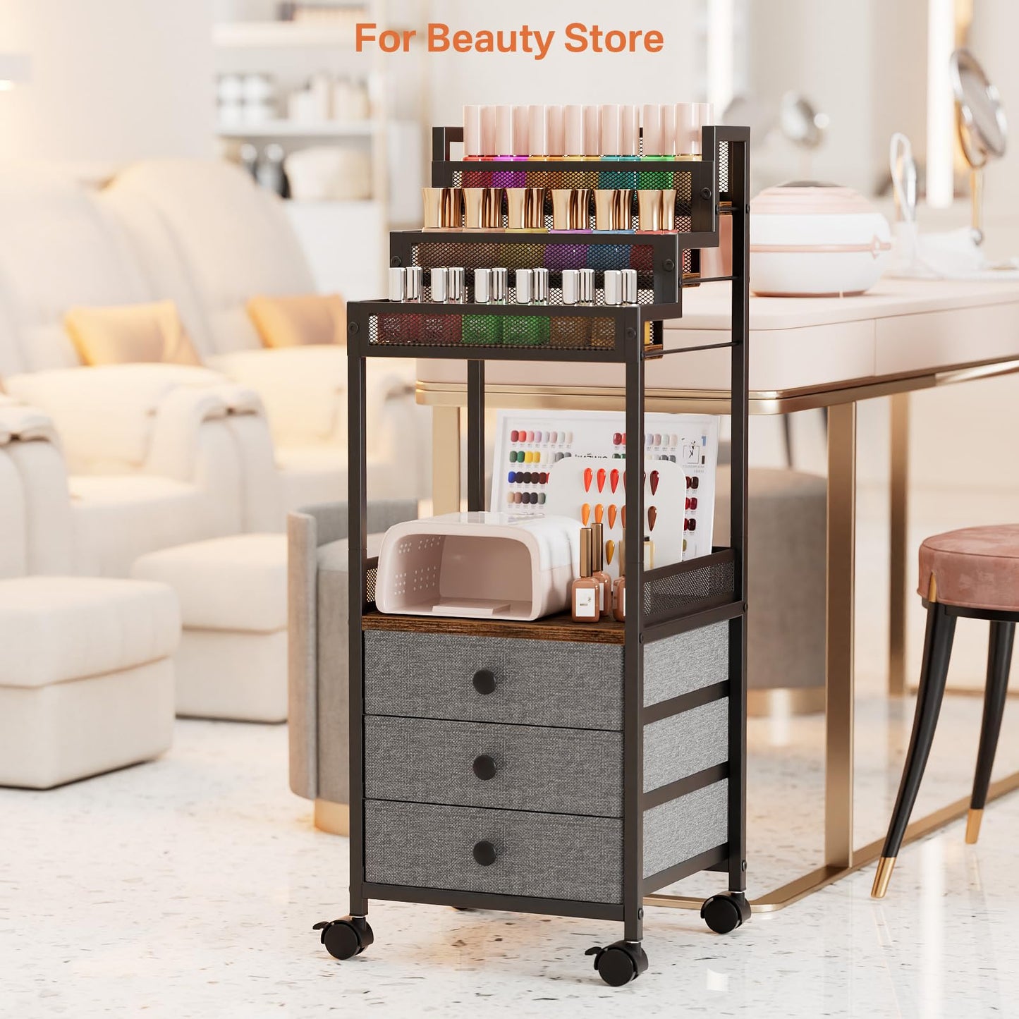 FURFUN Display Riser Stand Perfume Cologne Organizer, 13in Rolling Makeup Storage Cart with Fabric Drawers, Floor Vanity Cosmetics Display Cases for Skin Care Nail Polish Figures Rustic Brown