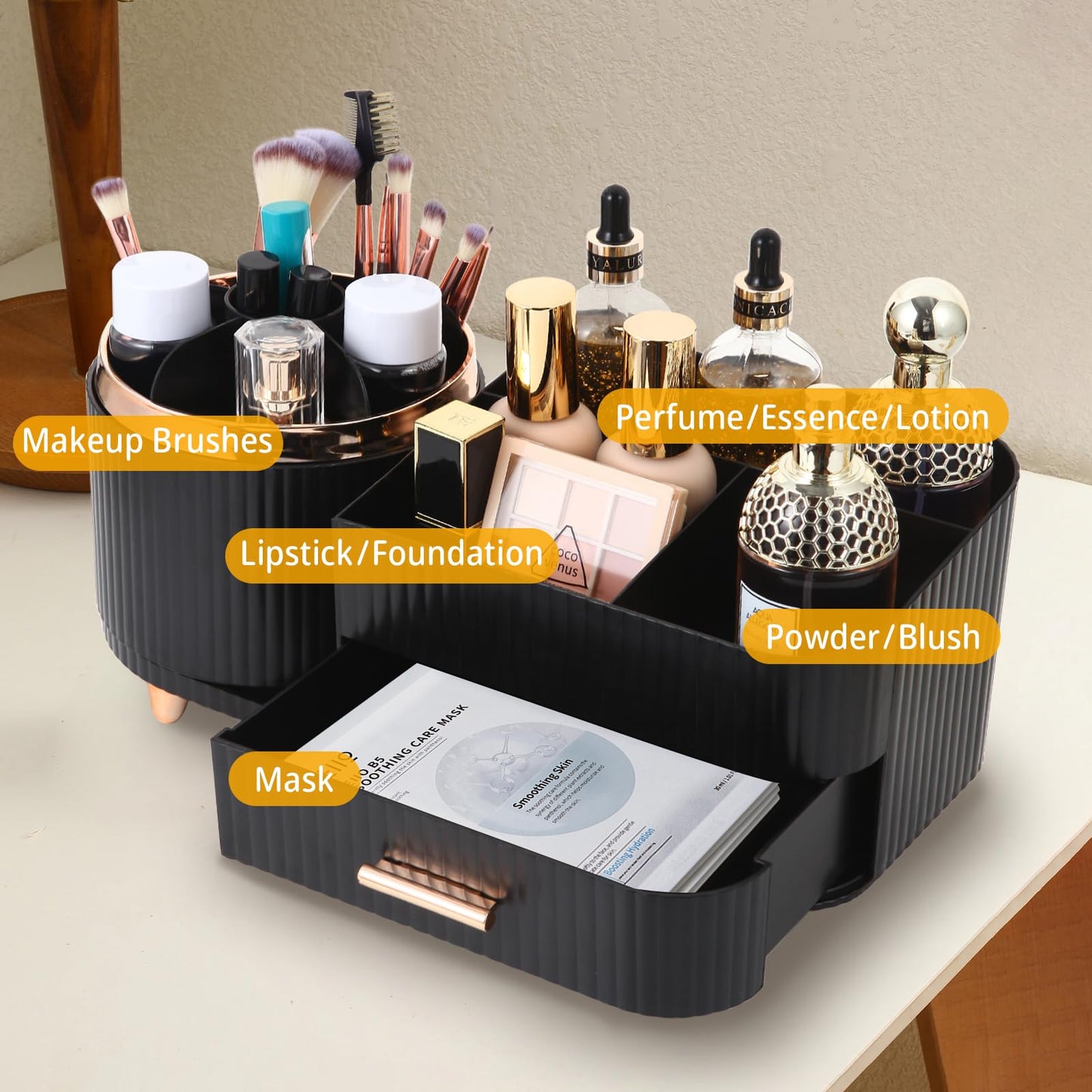 Zufudo Makeup Organizer Countertop with Drawer 360 Rotating Brush Holder Storage Large Capacity Skincare Cosmetic Display Cases for Vanity Bathroom Desktop, Model 3016 Black