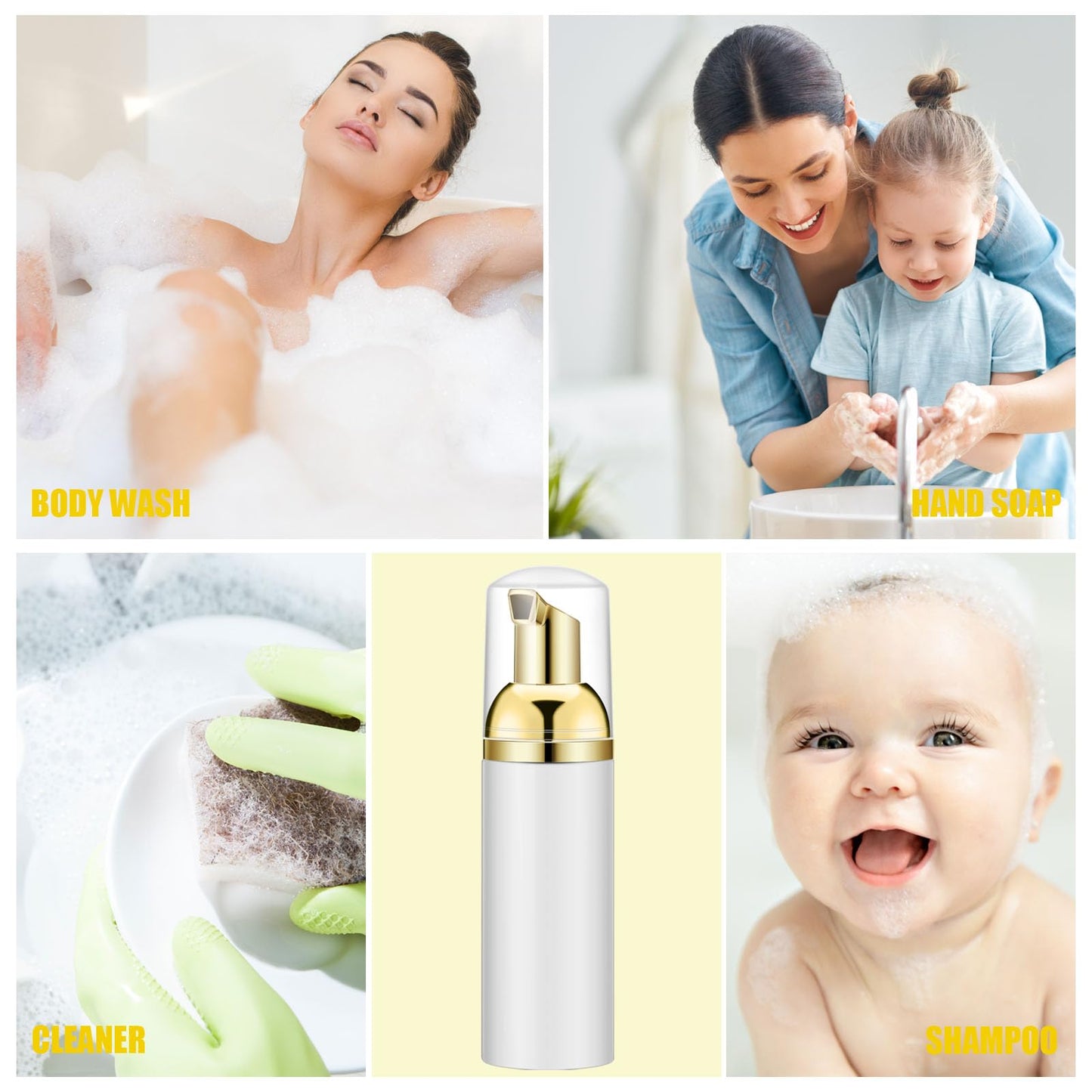 Lil Ray 2 Oz Empty White Foam Pump Bottle, Foamer Soap Dispenser for Lash Shampoo, Hand Soap, Foaming Cleaner(Gold Pump, 12 PCS)