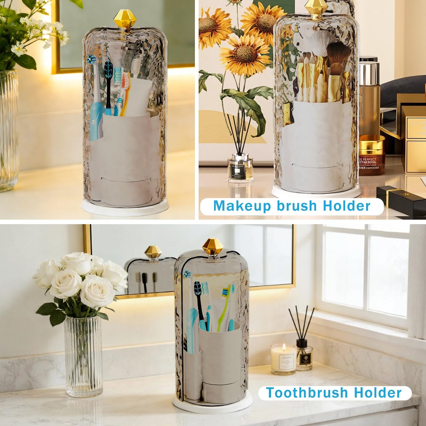 Toothbrush Holder with Cover, Dustproof Toothbrush Holders for Bathroom Organizer Countertop, 360° Rotating Sliding Lid Makeup Brush Holder for Multi-Functional Storage (Translucent Grey)