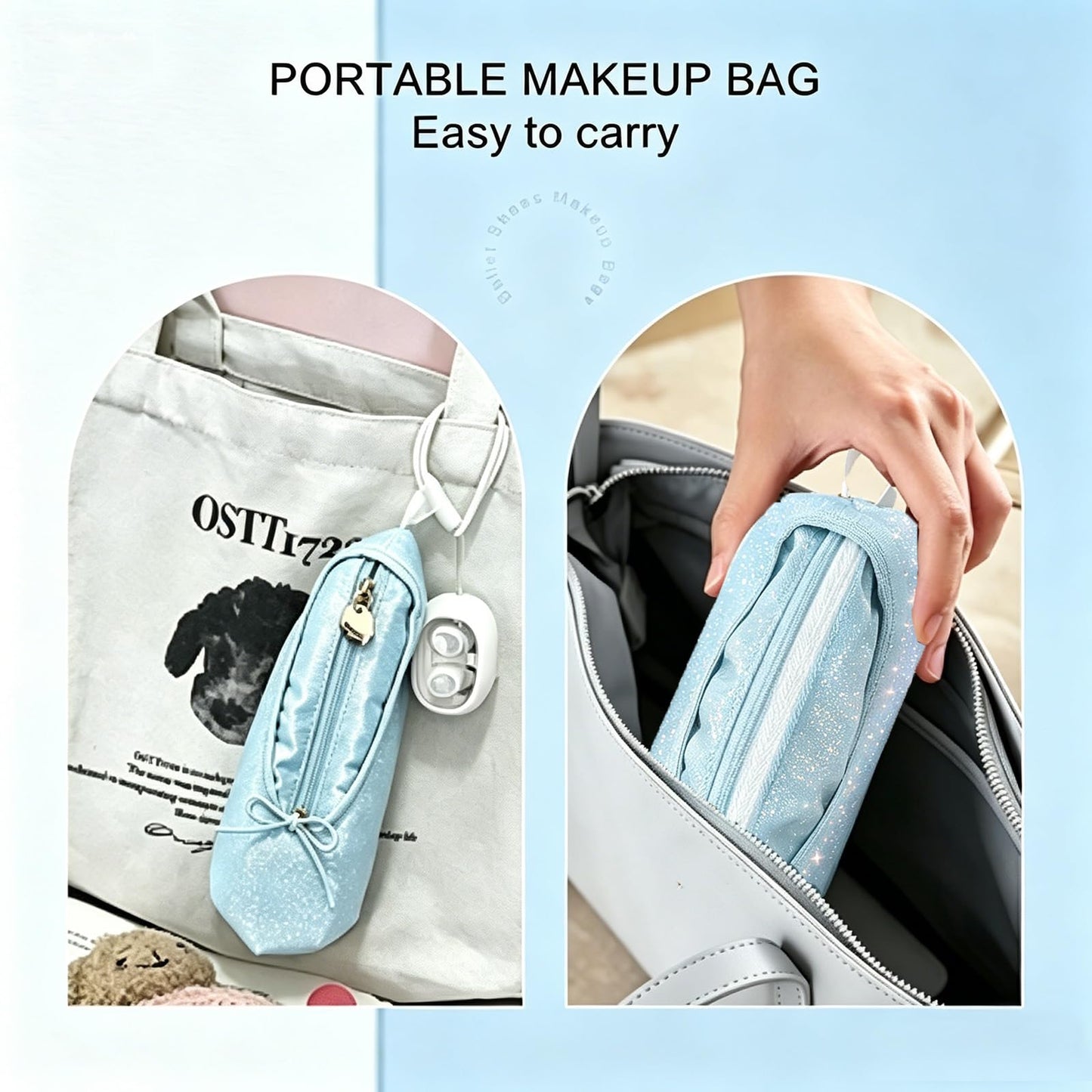 Newly Upgraded Ballet Makeup Bag, Shining Cosmetic Bag Blue Frozen Dance Recital Gifts, Ballet Shoe Cute Pencil Case Ballerina Gifts Small Makeup Slipper Pouch Mini Dance Bag for Dancer Birthday Gifts