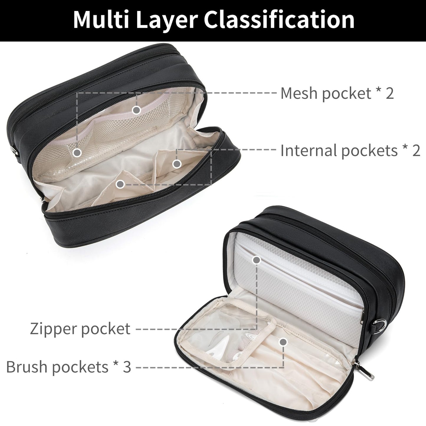 XIAOLER Makeup Bag for Women, Wide-open Makeup Organizer with Makeup Brush Holder, Waterproof Cosmetic Bag with Compartment, Portable Travel-Size Toiletry Bag for Traveling, Large Make Up Bag (Black)