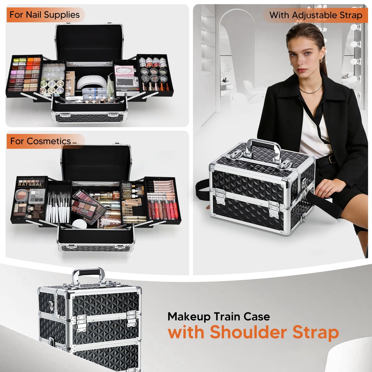 Professional Rolling Makeup Case, 3 in 1 Makeup Train Case, Cosmetology Case on Wheels, Large Makeup Trolley Salon Barber Traveling Trunk Suitcase for Makeup School Nail Tech Hairstylist MUA, Black