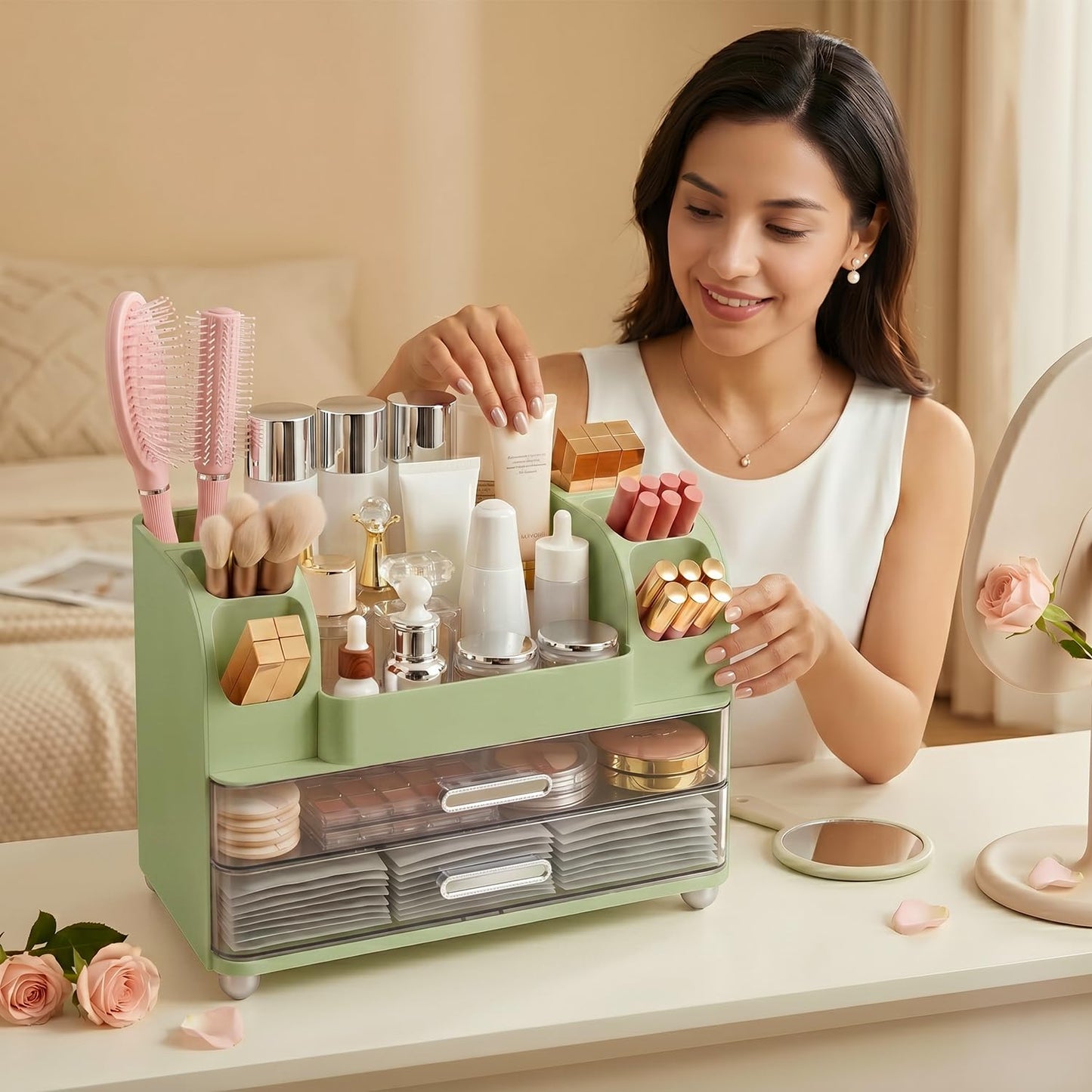 Brothersbox Makeup Organizer for Vanity with 2 Large Drawers and 6 Brush Holders, Large Bathroom Countertop Cosmetic Storage for Skincare, Lipstick, Nail Polish, Perfume, Gift for Women, Green