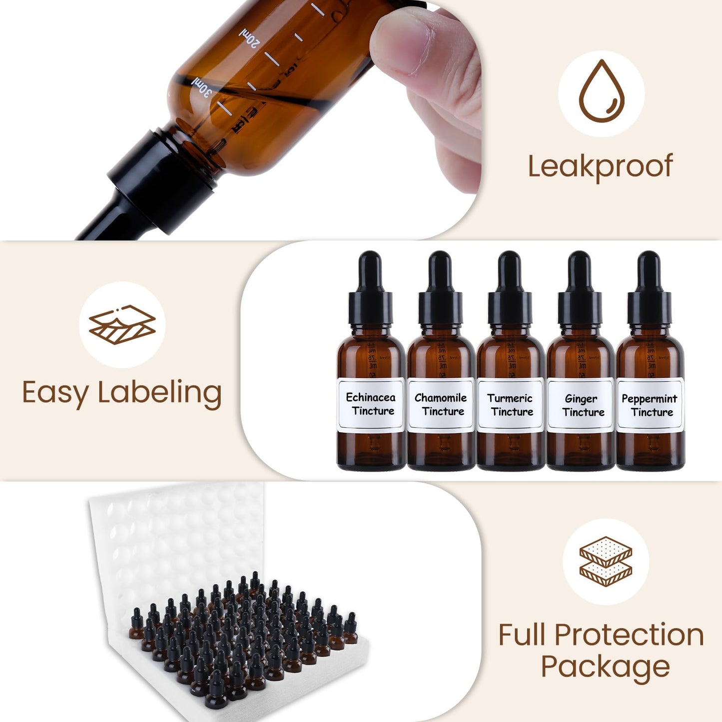 UPBUD 63 Pcs 1oz Amber Glass Dropper Bottles with Measurement, 30ml Leakproof Tincture Bottles with Funnels, Eye Droppers, Extra Caps & Labels, Refillable Empty Bottle for Tinctures, Essential Oils