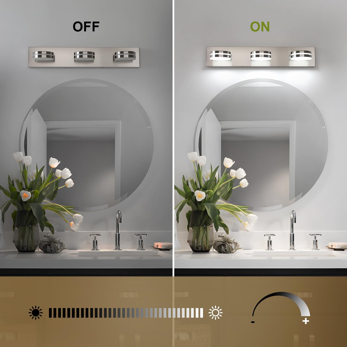 Bicrink Brushed Nickel Bathroom Vanity Light, (24in Dimmable) 3-Light Bathroom Light Fixtures Over Mirror, LED 5500K Vanity Lights with 360°Rotating Lamp Head