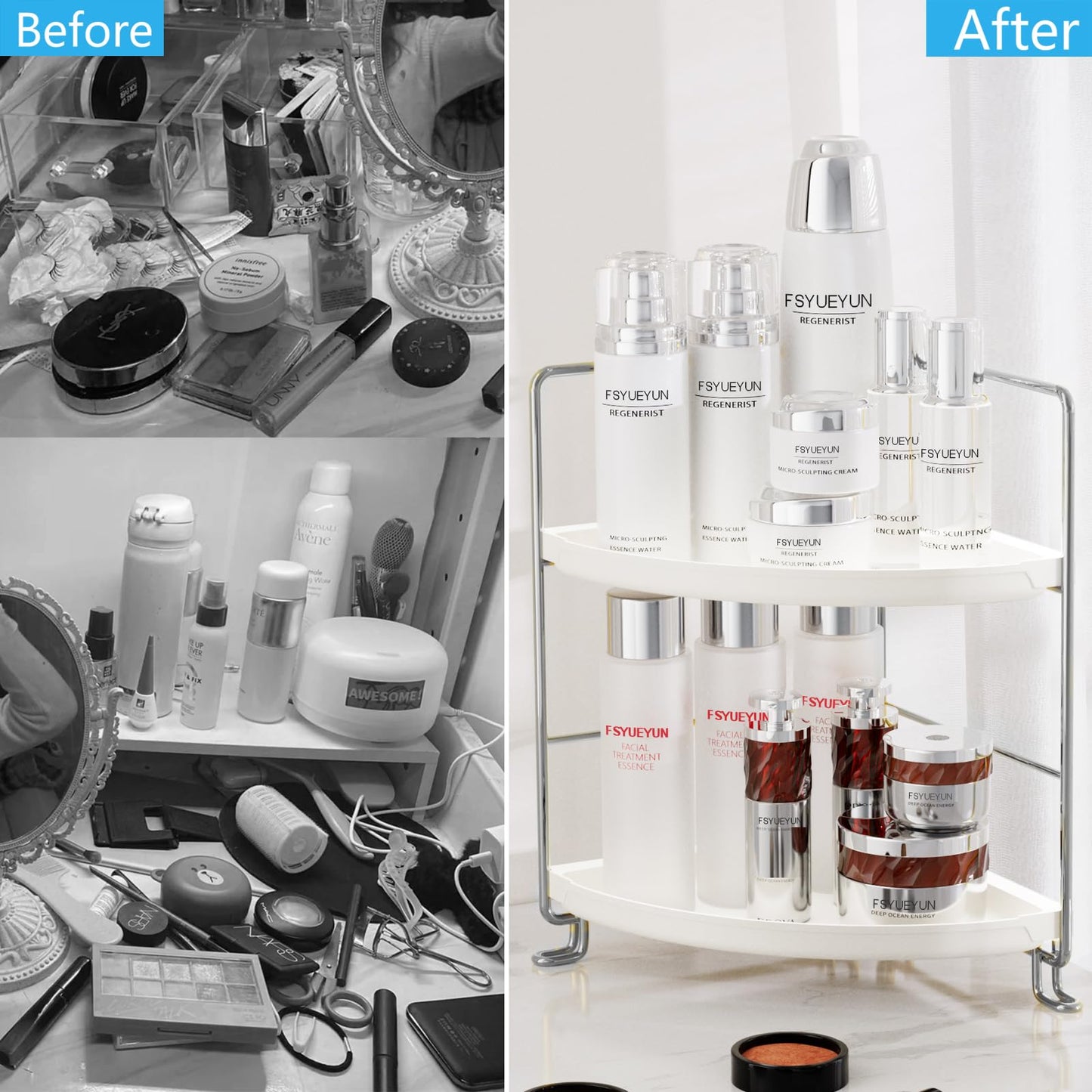 FSyueyun 2-Tier Corner Bathroom Counter Organizer, Tool-Less Installation Vanity Shelf Small Plastics Countertop Makeup Tray Skincare Perfume Organizers (Silver)