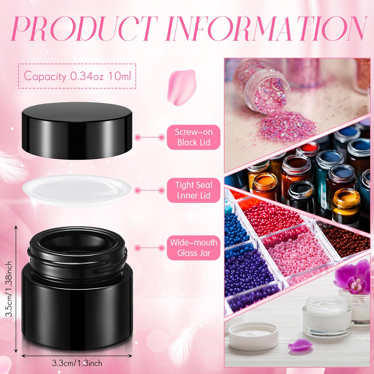 Norme 140 Pack 10 ml Glass Cosmetic Jars with Lids, Bulk Empty Refillable Sample Jars for Lip Balm, Cream, Lotion, Travel Jar for Creams, Inner Liner, Wide Mouth(Black,Plastic)