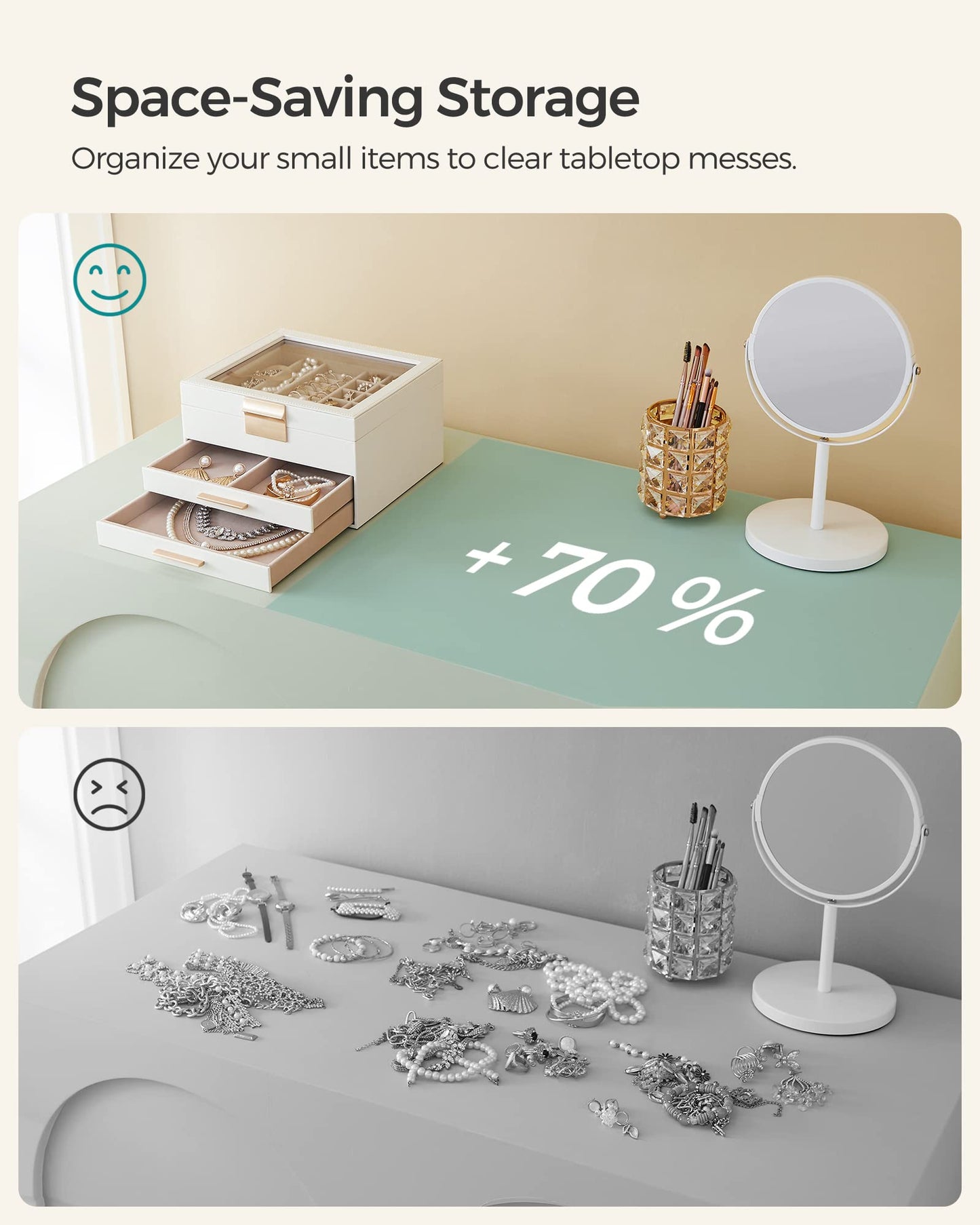 SONGMICS GISELLA Collection - Jewelry Box Organizer with Glass Lid, 3-Layer Jewelry Storage, with 2 Drawers, Modern Style, 8 x 9.1 x 5.3 Inches, Cloud White and Gold Color UJBC239WT
