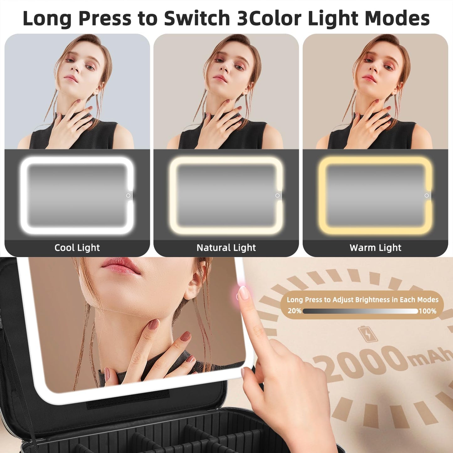 Suupvaor 15''X11'' Large Makeup Bag with Removable Lighted Mirror, Professional Travel Makeup Train Case PU Leather Cosmetic Make up Organizer with Adjustable Dividers & Brush Storage Board