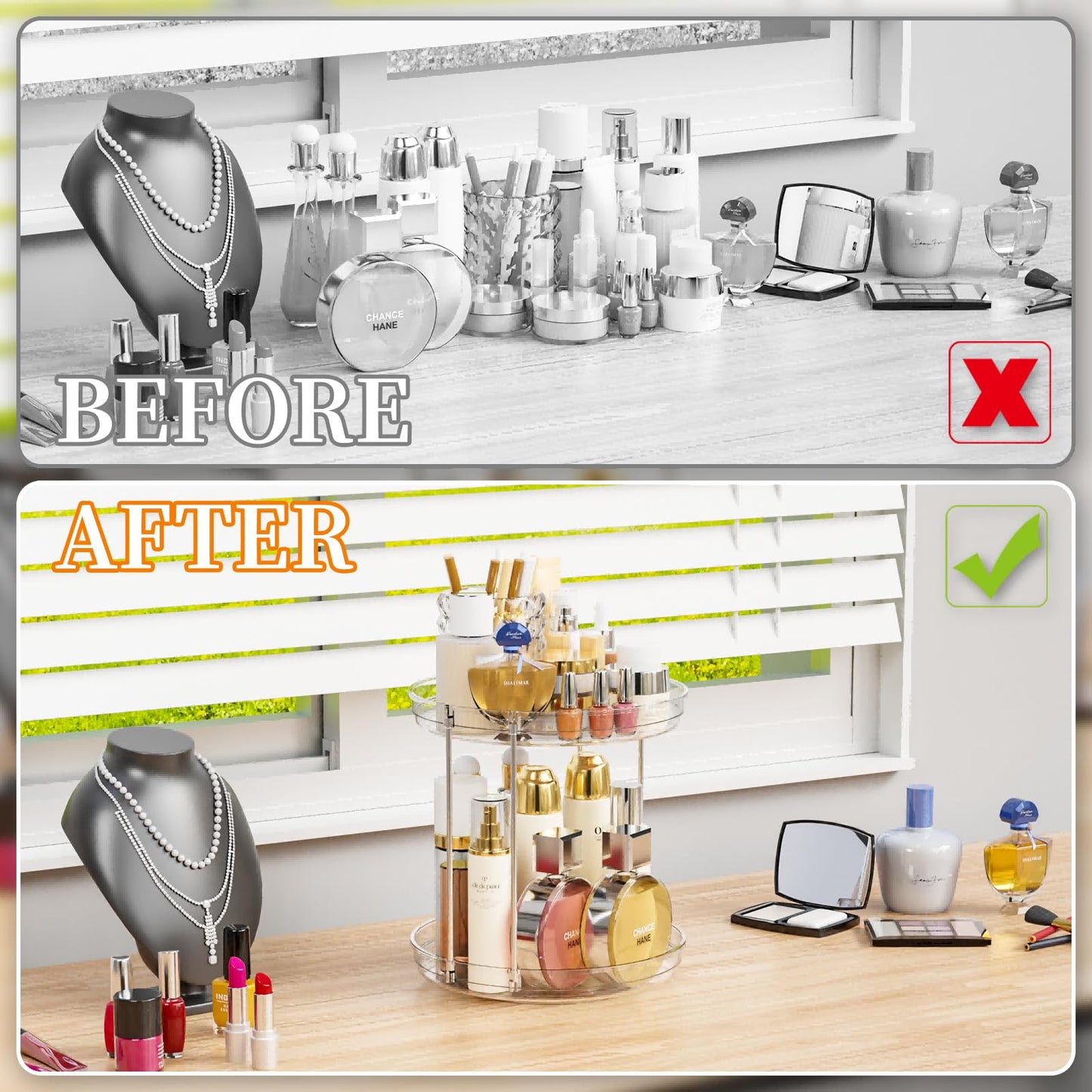 Yieach Clear 360 Rotating Bathroom Counter Organizer,2 Tier Spinning Perfume Organizer and Makeup Tower for Lotion,Hair,Face Skincare Beauty Products,Tiered Lazy Susan and Makeup Organizers for Vanity