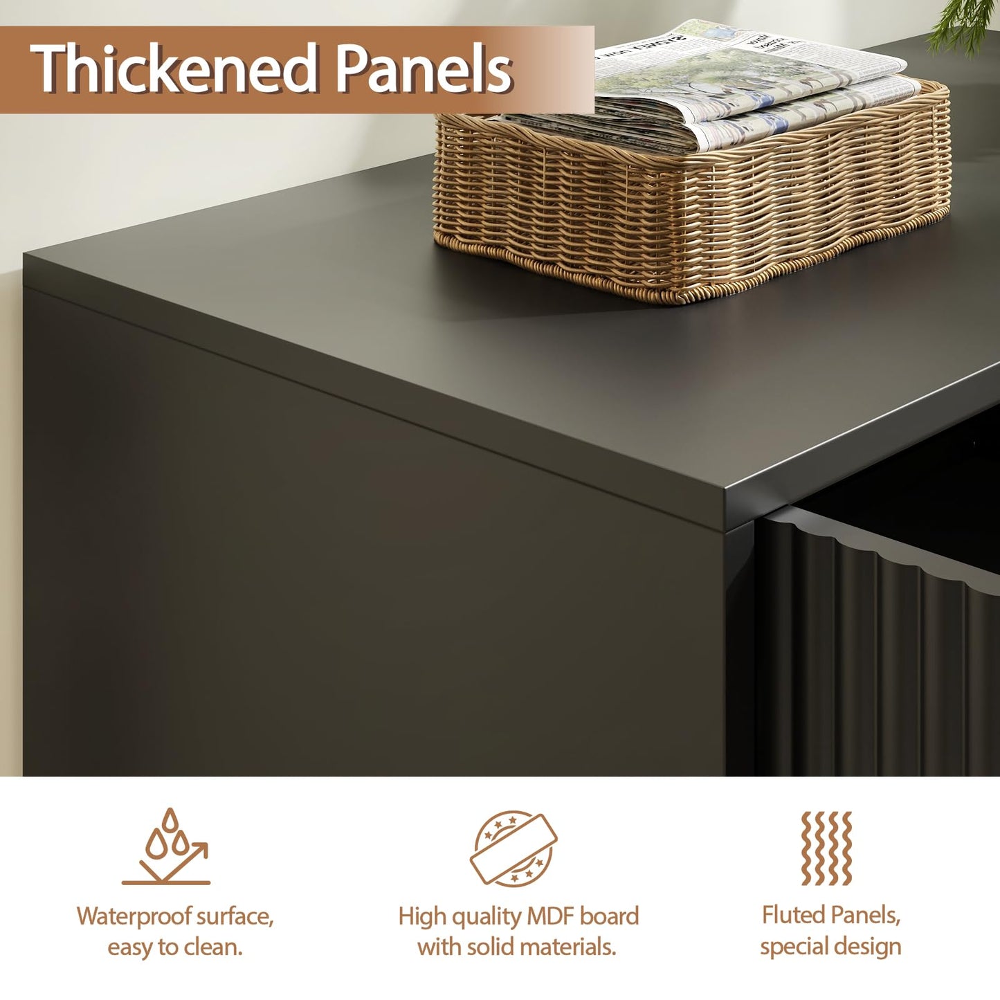 Sscaktu Fluted Storage Cabinet, 2 Doors Sideboard Buffet Cabinet, Modern Wood Accent Table with Adjustable Shelves, Console Table for Living Room, Hallway, Entryway, Black
