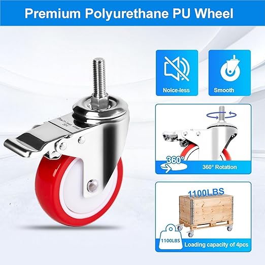 4 inch Stainless Steel Caster Wheels Heavy Duty, 3/8"-16x1 Threaded Stem Casters with Brake, Rust Resistant, Non-Marking Polyurethane PU Wheels for Hospital, Lab, Furniture, Restaurant