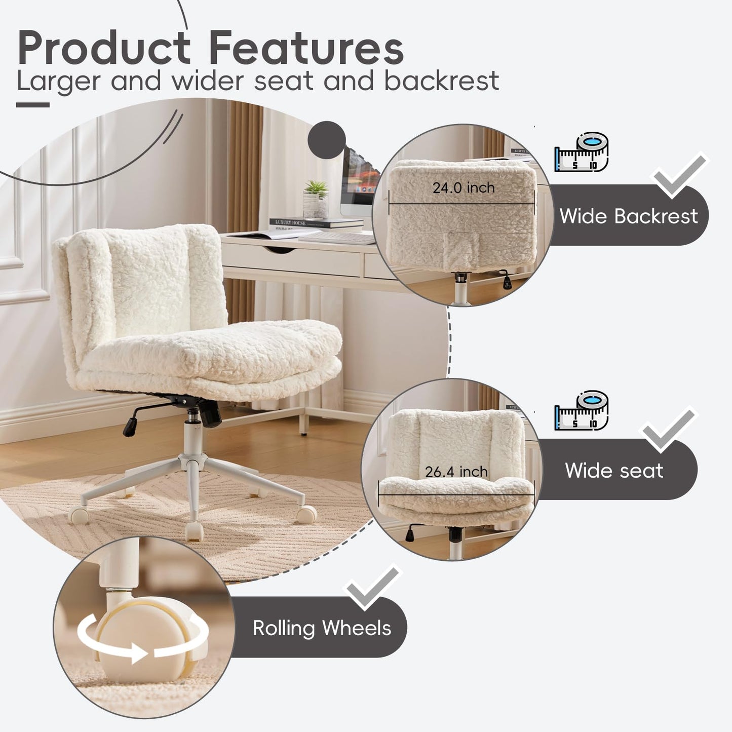 KIUMU Upgraded Plush Faux Fur Criss Cross Office Vanity & Desk Chair with White Metal Base – Extra-Wide Seat & Tilt Backrest, Adjustable Swivel Makeup Chair for Bedroom, Study & Home Office, Cream