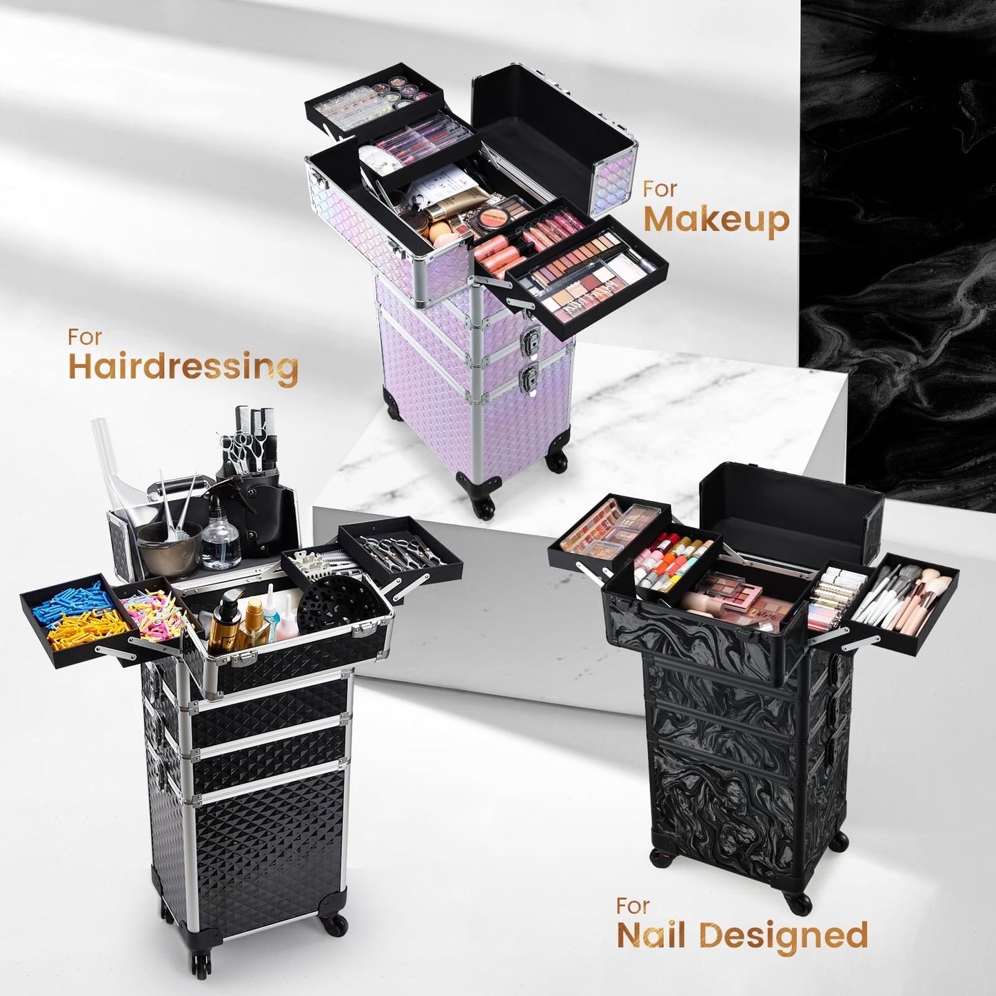 Stagiant Rolling Makeup Case Cosmetology Case on Wheels 4 in 1 Large Cosmetic Organizer Train Case Makeup Travel Case with Key Swivel Wheels Nail Artist Salon Storage Traveling Cart Trunk Black