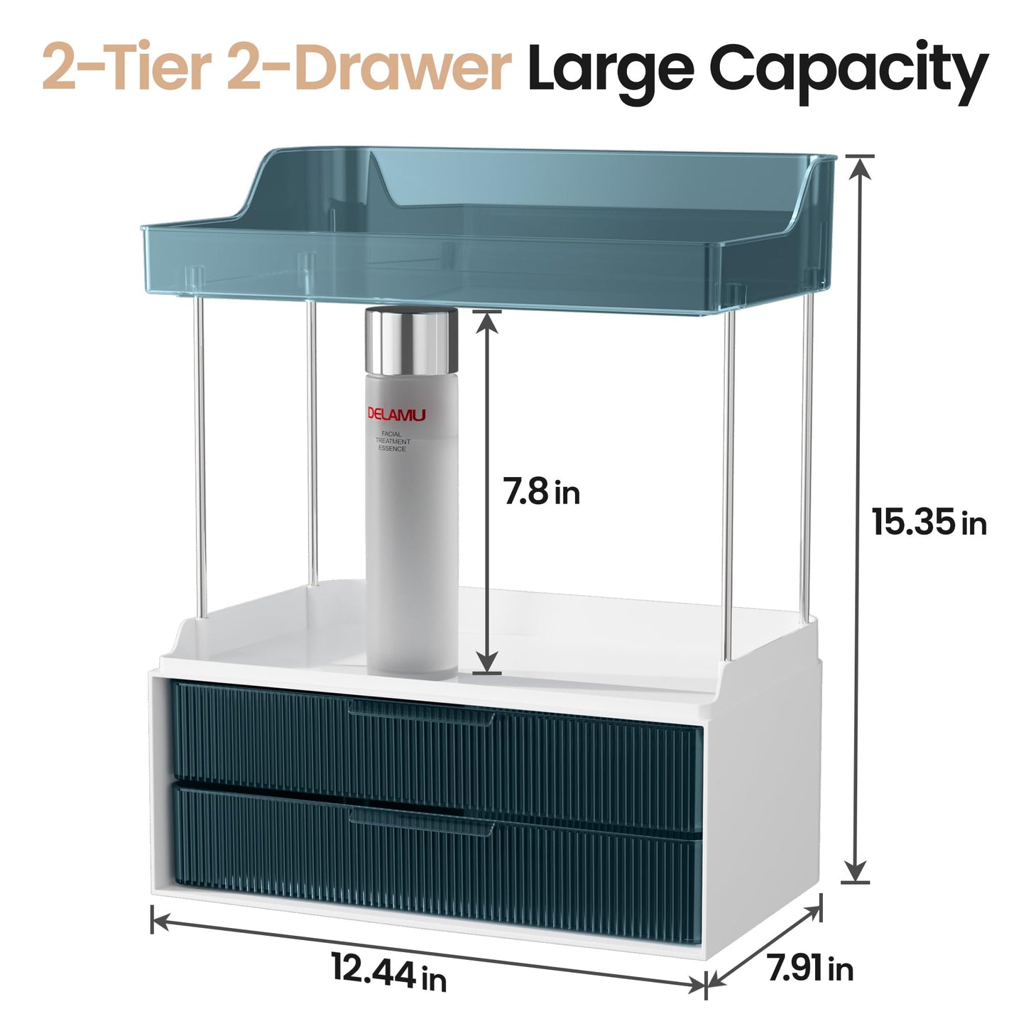 Delamu Bathroom Organizers and Storage, 2 Tier 2 Drawer Makeup Organizer Countertop, Easy to Install, Ideal for Bathroom Counter, Vanity, Blue