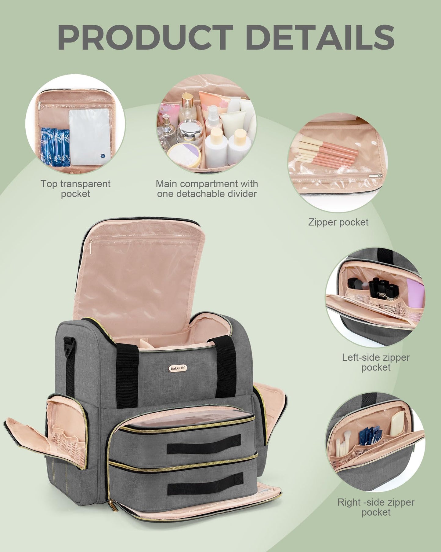 BALULHG Large Travel Makeup Bag with 2 Removable Cases, Cosmetic Bag with Multiple Storage Sections, with Multiple Storage Sections,Double Layer Big Travel Make Up Organizer Case,Travel Toiletry Bag