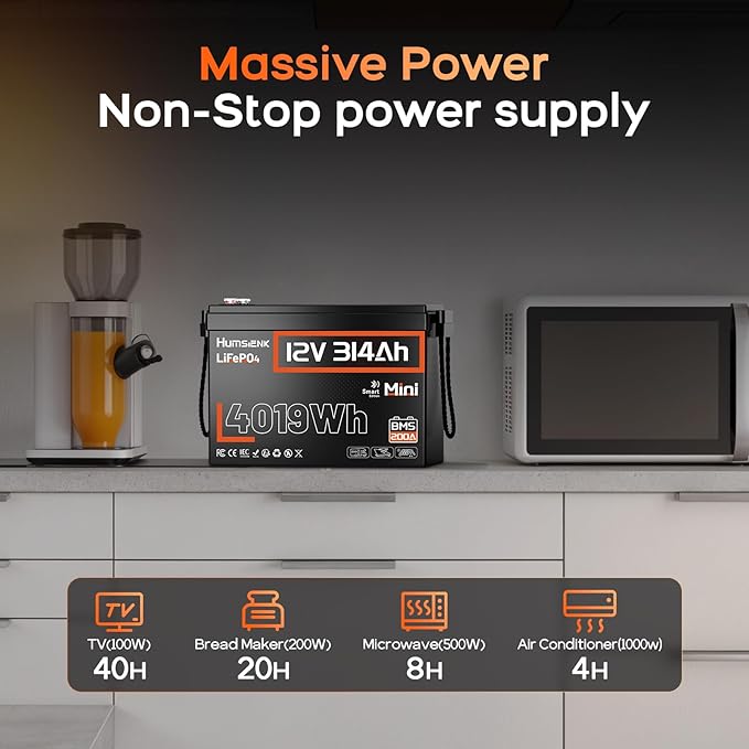 HumsiENK 12V 300Ah (314Ah) LiFePO4 Lithium Battery Mini Size, Bluetooth 200A BMS, 15000+ Deep Cycles, Low-Temp Protection – for RV, Marine, Solar, Off-Grid, Home Backup (Compact & Lightweight)