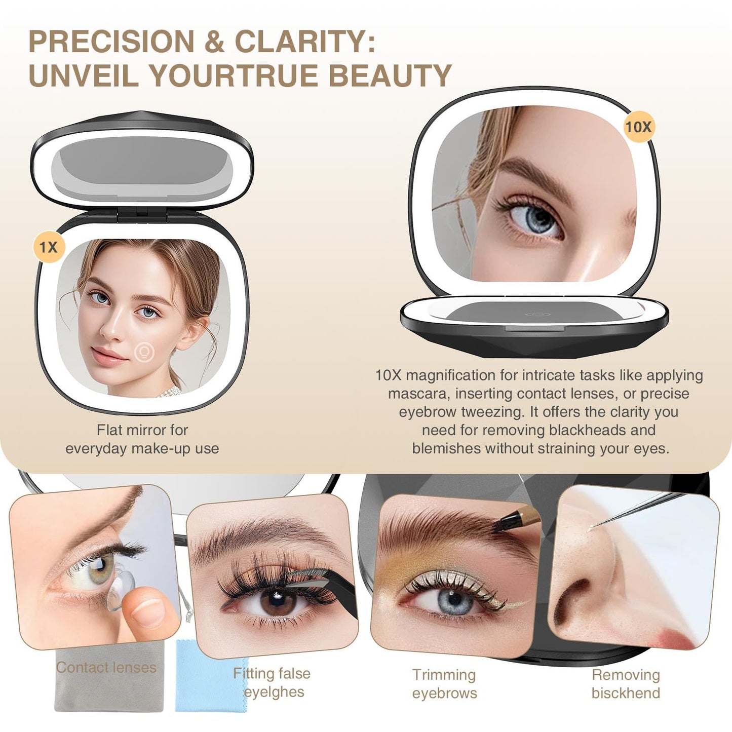 Poryled Travel Makeup Mirror with Light, 10X/1X Magnifying Compact Mirror for Purse, Portable Double Sided Folding Pocket Size, Dimmable LED & USB Rechargeable(Black)