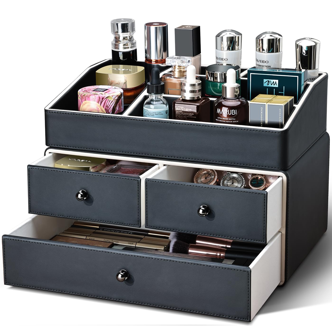 KINGFOM 2 Tier PU Leather Makeup Organizer with 3 Drawers, Cosmetic Storage Organizers for vanity Dresser Countertop and Bathroom Vanity, Beauty Holder for Lipstick Brush Skincare (Black)