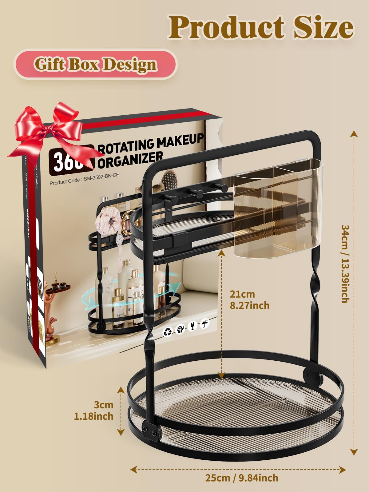 DUANFEE 360 Rotating Makeup Organizer, 2-Tier Black Perfume Organizer for Dresser, Bathroom Counter Organizer, Lazy Susan Vanity Tray Spinning Skincare Storage with Jewelry Hooks & Makeup Brush Holder