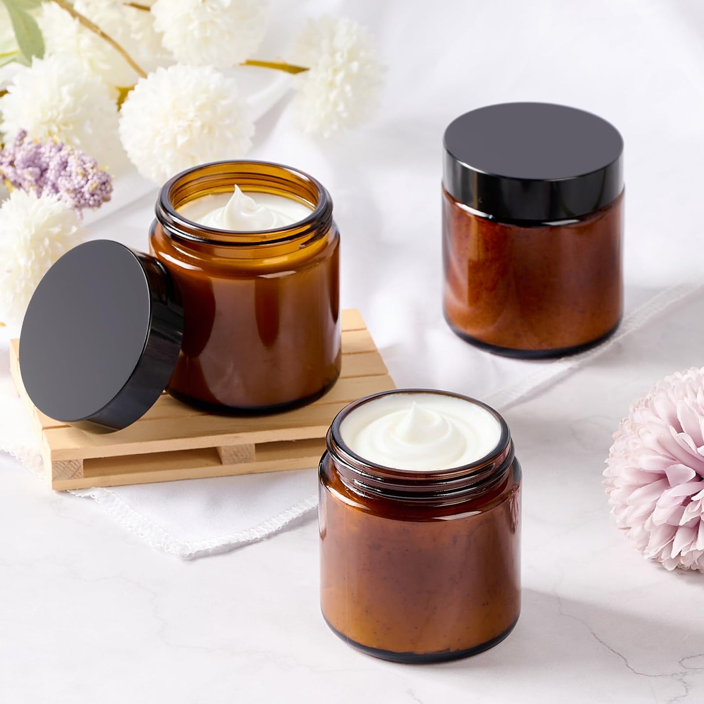 Qeirudu 4 Oz Small Glass Jars with Lids, 12 Pack Airtight Amber Cosmetic Jars with Inner Liners Round Empty Travel Sample Containers for Lotions, Creams, Candles, Body Butters