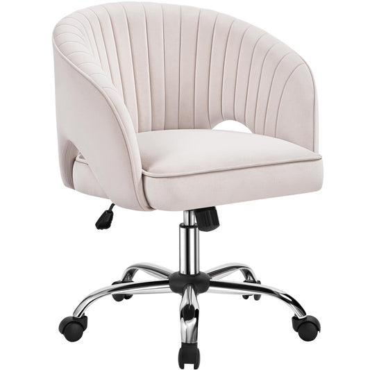 Yaheetech Cute Desk Chair Velvet Vanity Chair with Wheels Home Office Upholstered Modern Swivel Armchair with Tufted Barrel Back for Study, Vanity, Bedroom Cream