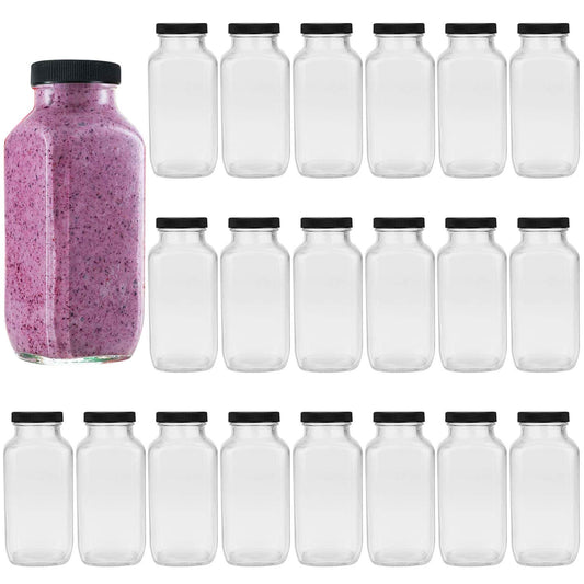 Encheng Beverages Drinking Bottles 12oz,Glass Water Botttle with Lids,Octagonal Vintage 350ml,Juice Bottles for Storage Tea,Kombucha,Milk Smoothies Jars 20Pack