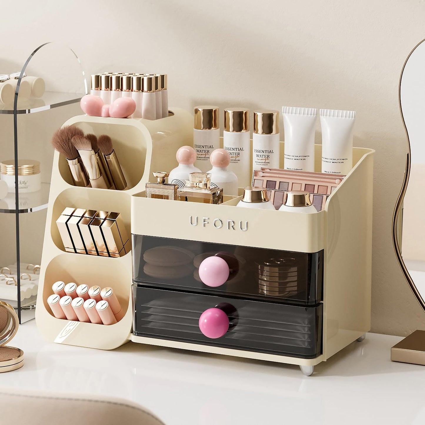 UFORU Makeup Organizer for Vanity with Brush Holder, Large Capacity Bathroom Countertop Skincare Organizer with 2 Drawers, Cosmetic Display Case for Perfumes, Eyeshadow Palettes, Nail Polishes