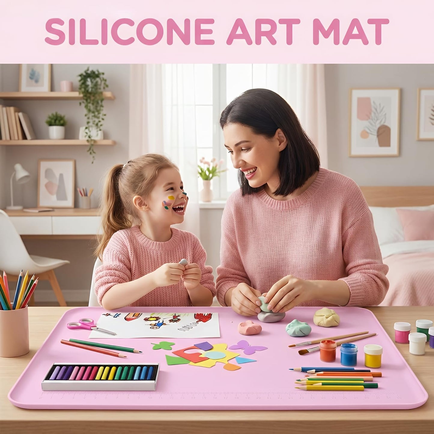 Silicone Mats for Crafts, 24" x 16" Silicone Craft Mat with 0.7" High Raised Edges to Contain Spills, Food Grade Large Painting Mat for Resin, Clay, Slime, Jewelry Making (Pink)