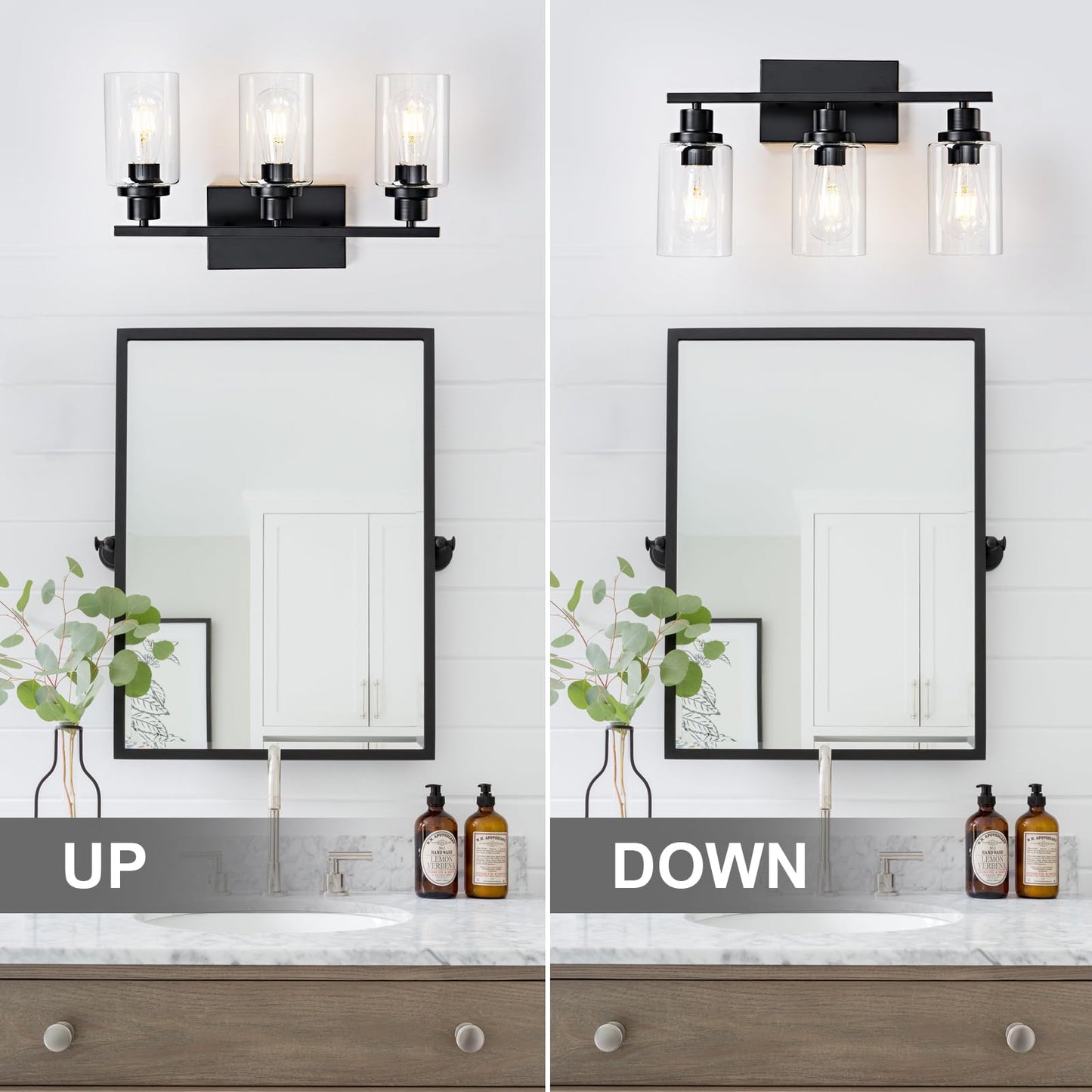 HCCZ 3 Light Bathroom Light Fixtures Black Vanity Light Over Mirror Modern Farmhouse Wall Lighting Sconces Rustic Industrial Wall Lamp for Bathroom, Bedroom, Living Room E26 Socket with Glass Shade