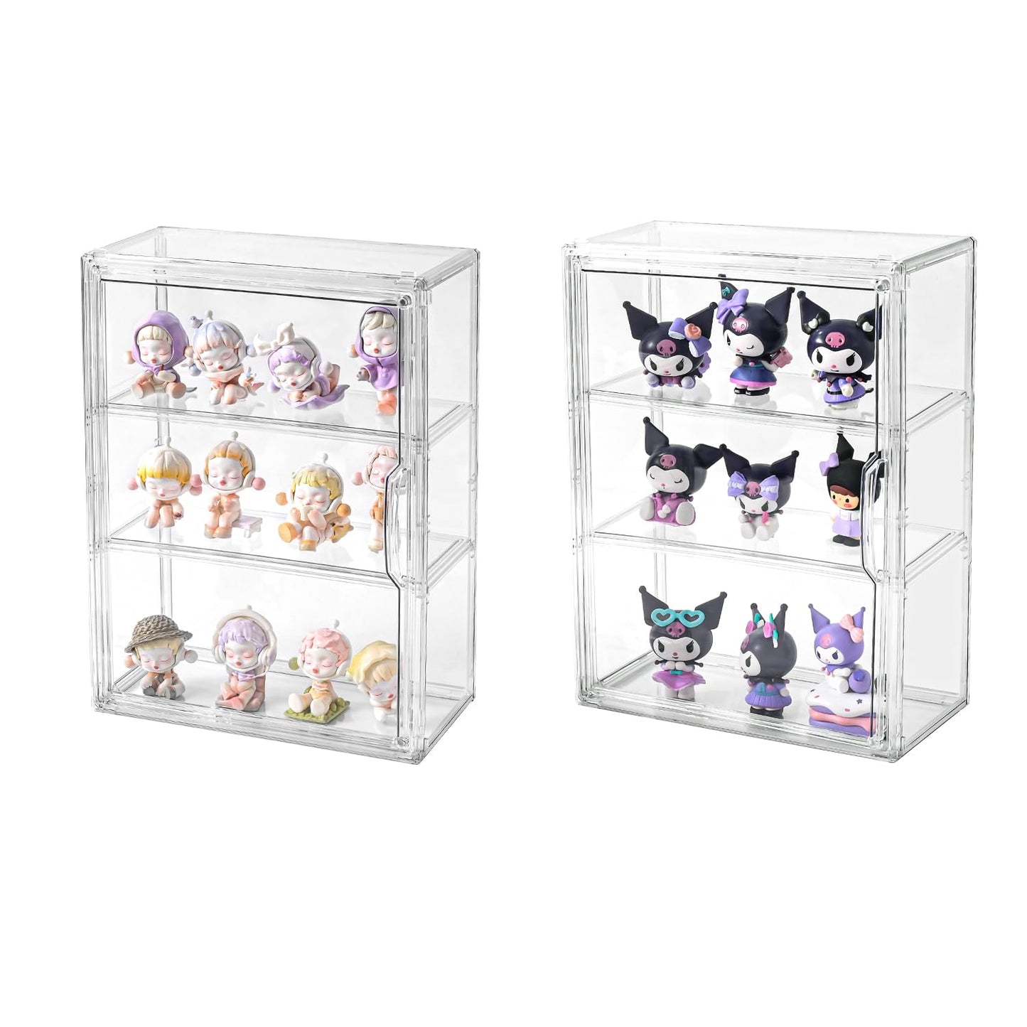 3 Tier Display Case for Collectibles,Clear Display Box with 2 Movable Plates ,Storage Container with Magnetic Door (Large 2 Pack)