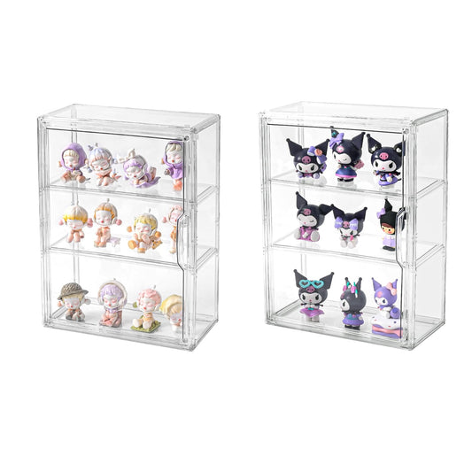3 Tier Display Case for Collectibles,Clear Display Box with 2 Movable Plates ,Storage Container with Magnetic Door (Large 2 Pack)