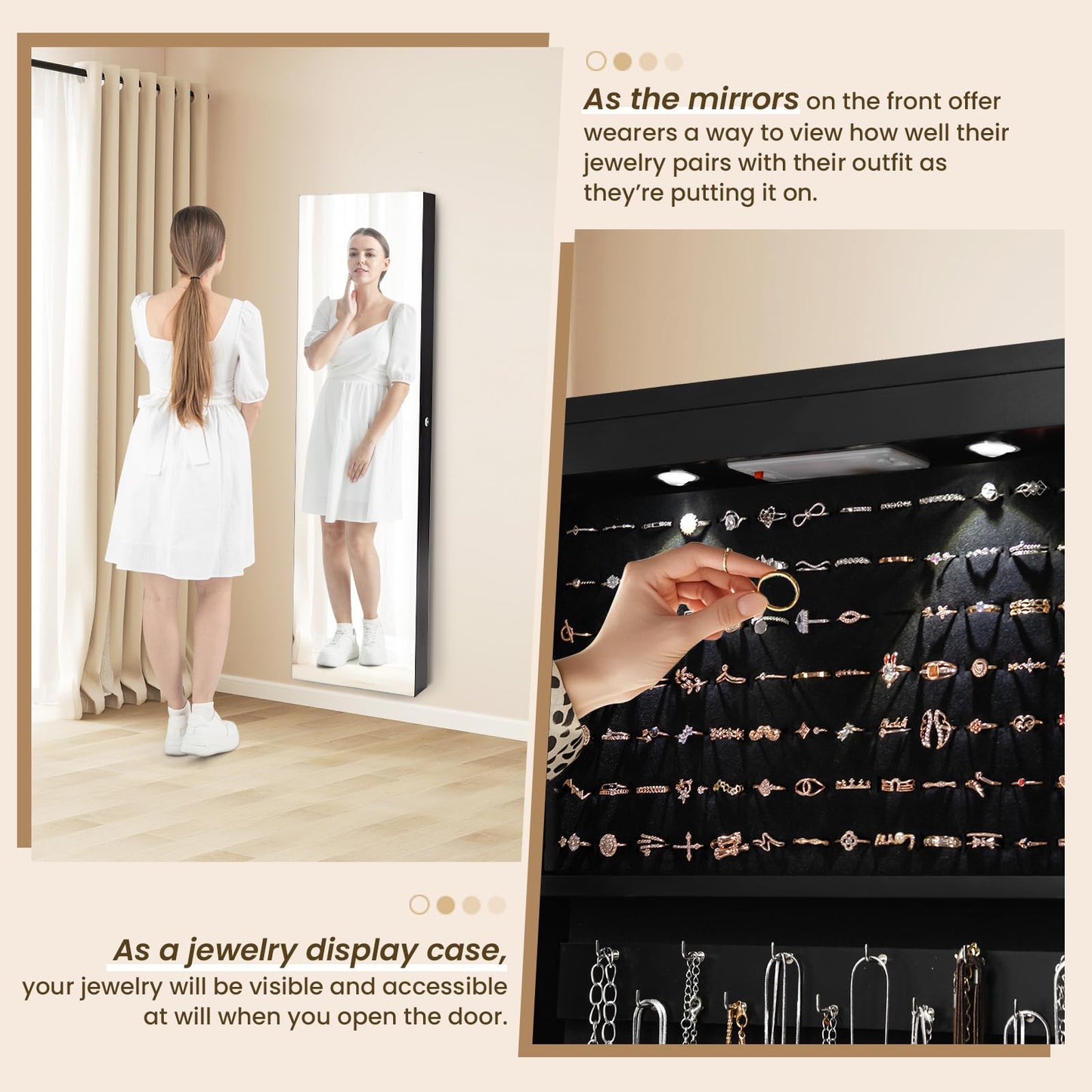 NAFORT 2 LEDs Jewelry Armoire with Full Length Mirror, 47.5" H Wall or Door Mounted Jewelry Cabinet with 2 Drawers, Lockable Jewelry Organizers and Storage, Hanging Jewelry Organizer, Black