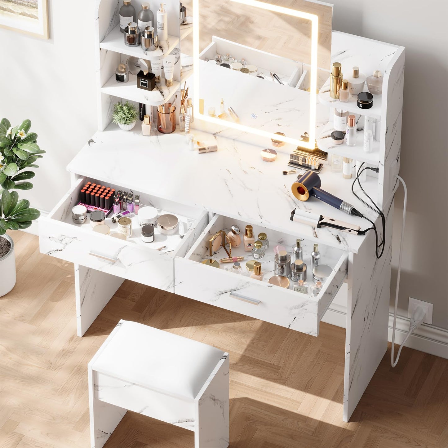 Hetoy Makeup Vanity Desk with LED Mirror & Charging Station, Vanity Set with 6 Shelves, 2 Drawers & Cushioned Stool, Three Lighting Modes Makeup Vanity Set for Bedroom